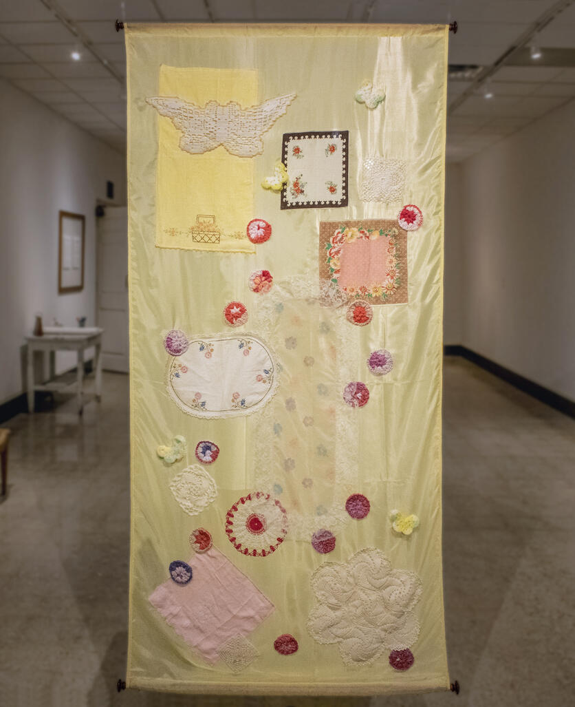 Tapestry #3, 2022, textile assemblage, 38" x 84"