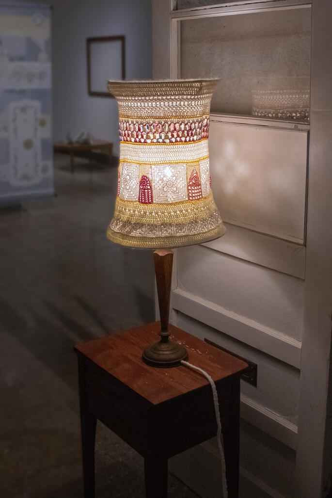 Soft Light #1, 2022, crocheted lampshade, lamp, crochet-covered cord, 1' x 1' x 2'