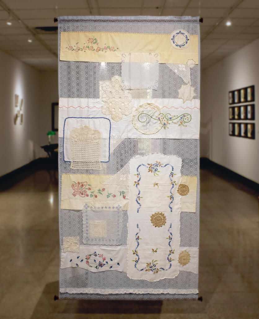 Tapestry #1, 2022, textile assemblage, 38" x 84"