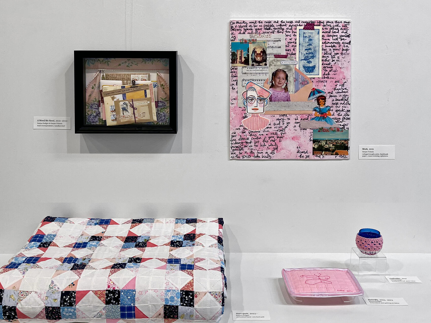 Butterfly, 2004-2023, embroidery and quilting on fabric; Cupholder, 2021, crocheted thread, glass votive; Stars Quilt, 2023—, unfinished hand-stitched quilt