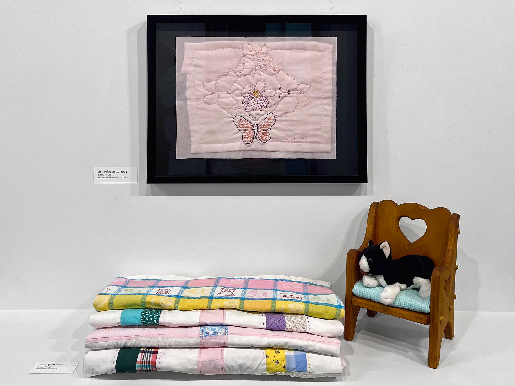 Butterflies, 2004-2023, embroidery with beads on fabric; Doors Quilt, 2023, hand-stitched quilt